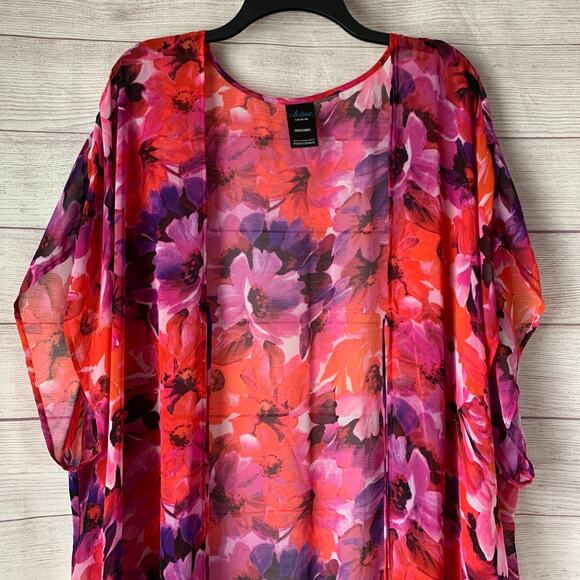 Catalina Pink and Red Floral Swimsuit Cover Up Fringe Cardigan Kimono Size L - Picture 14 of 16